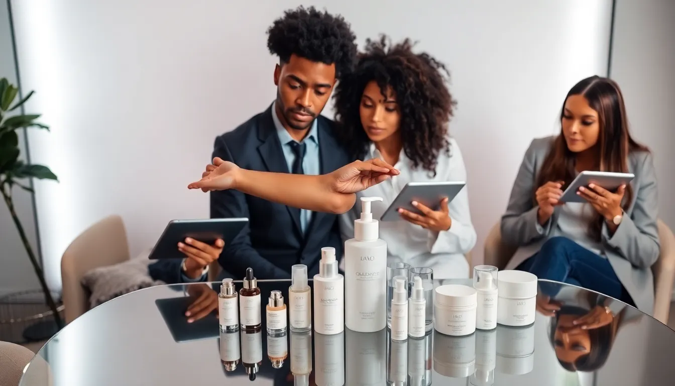 professionals discussing skin care product layering in a modern office.