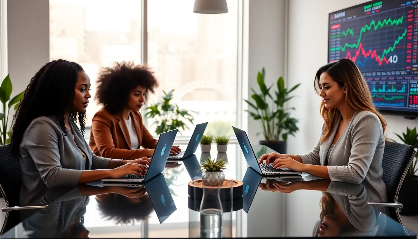 diverse team analyzing stock market data in a modern office.