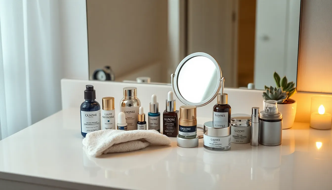 skincare products arranged on a modern vanity in a cozy setting.