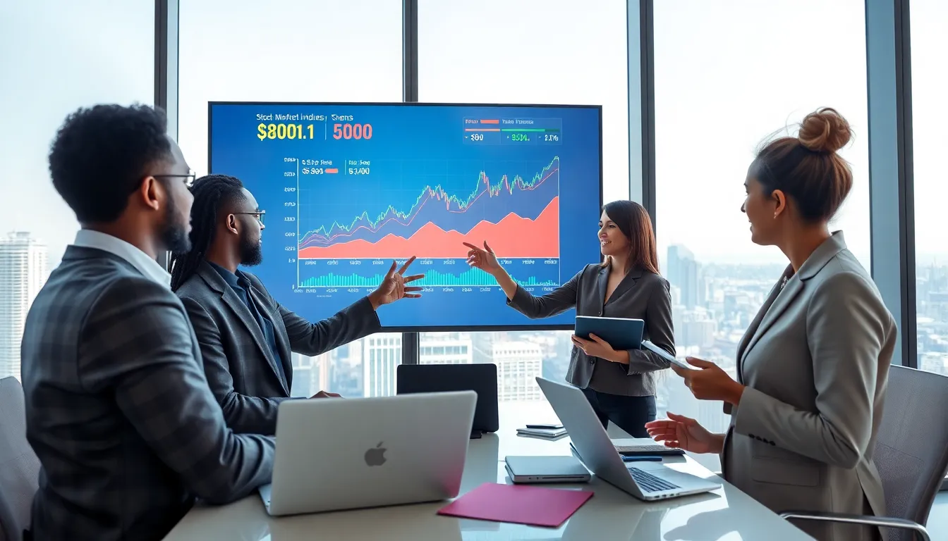 diverse finance team discussing stock market indices in a modern office.