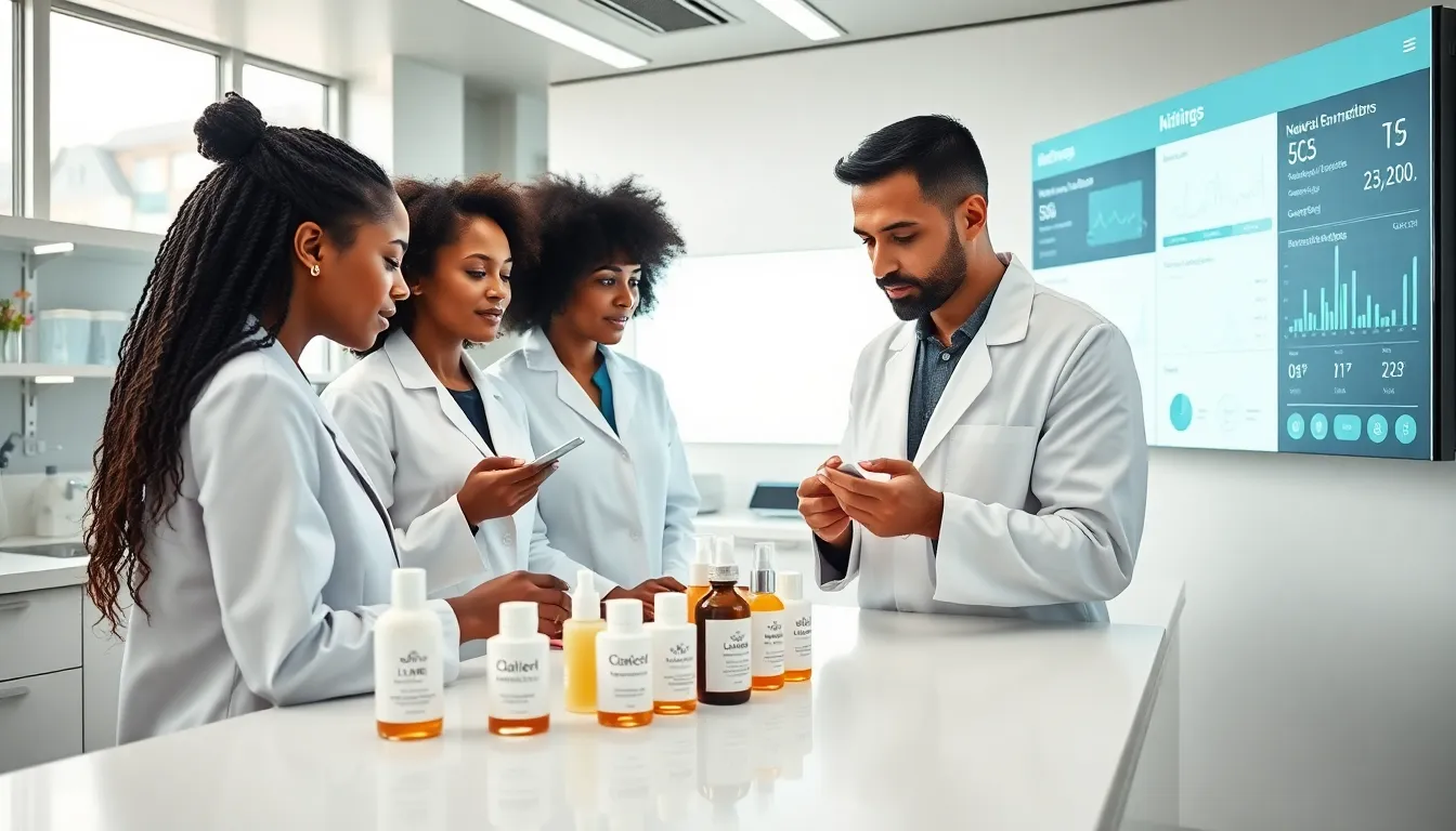 professionals collaborating on natural skincare products in a modern lab.