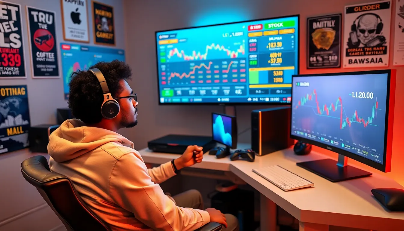 gamer analyzing the stock market in GTA 5 on a modern setup.