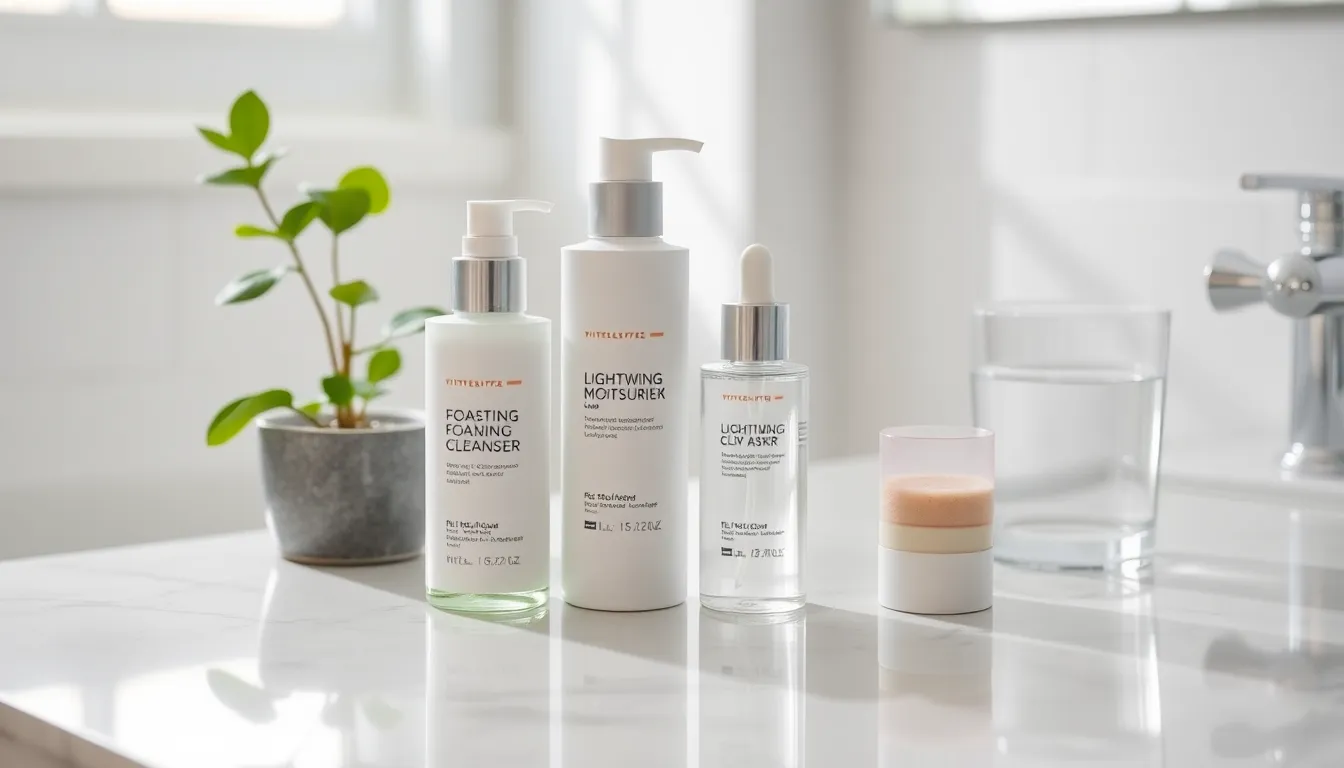 skincare products arranged on a bathroom countertop.