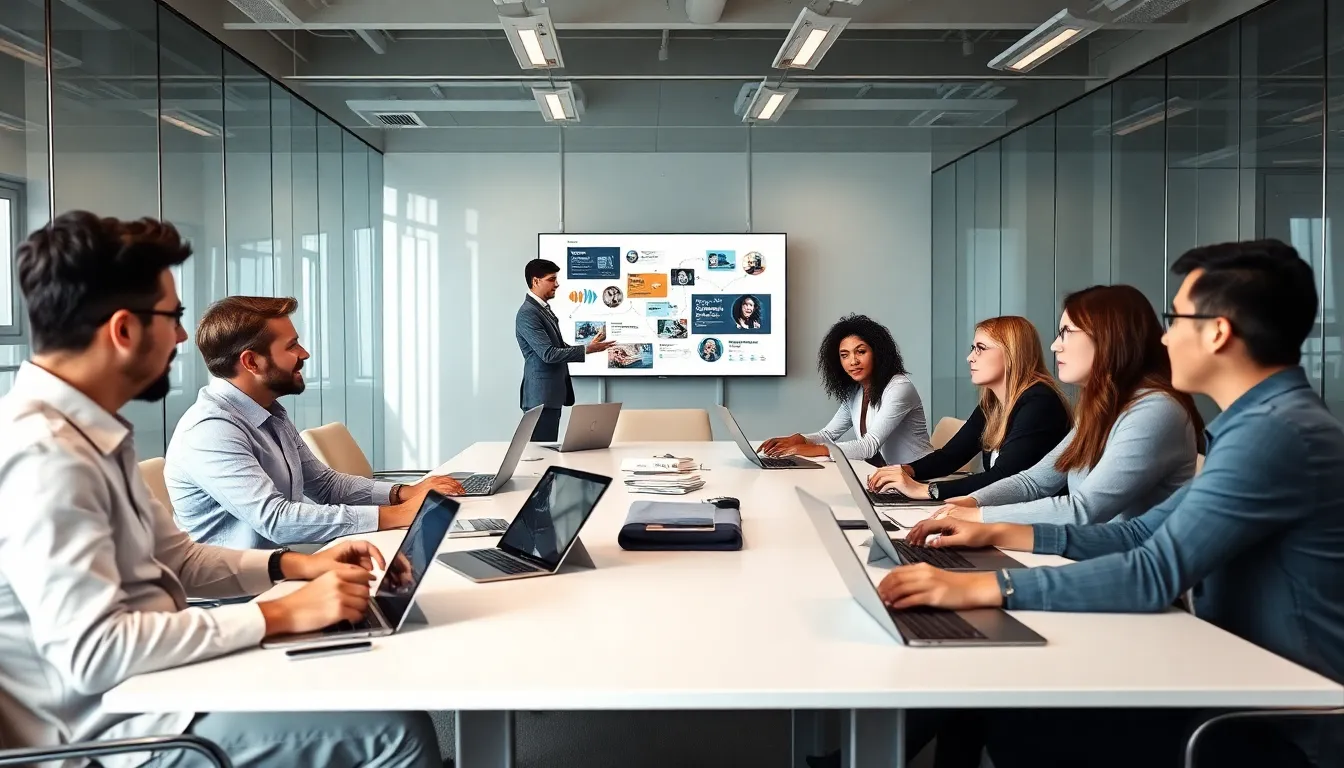 diverse team collaborating on digital publishing tools in a modern office.