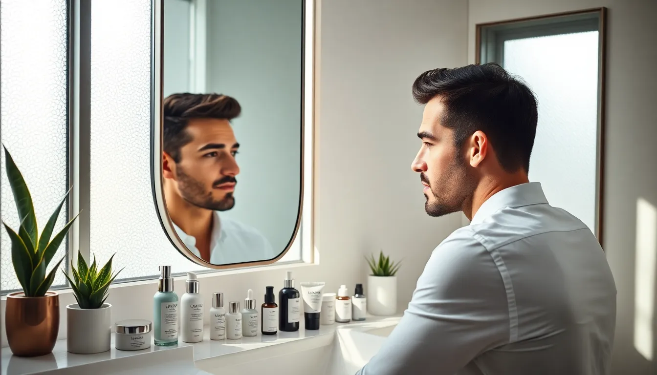 man analyzing his skin in a modern bathroom setting with skincare products.