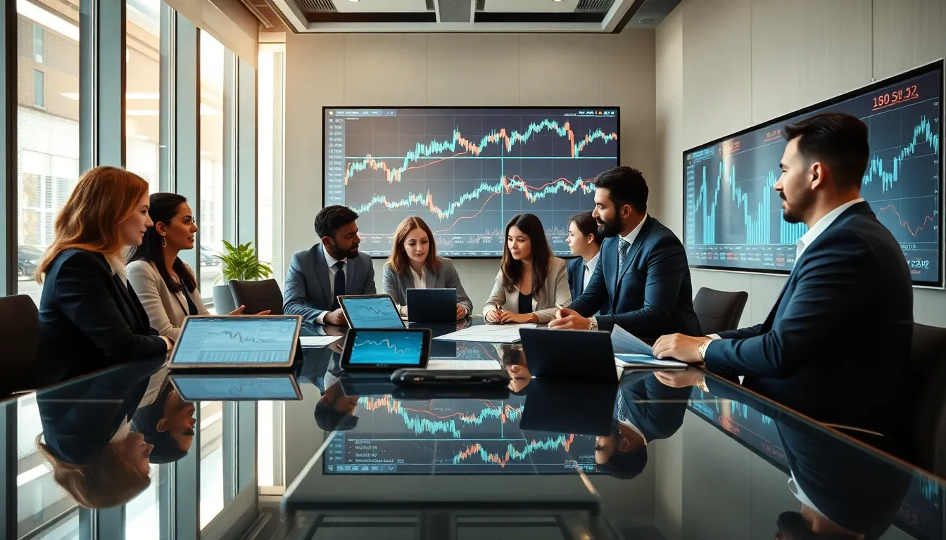 professionals analyzing stock market data in a modern office.