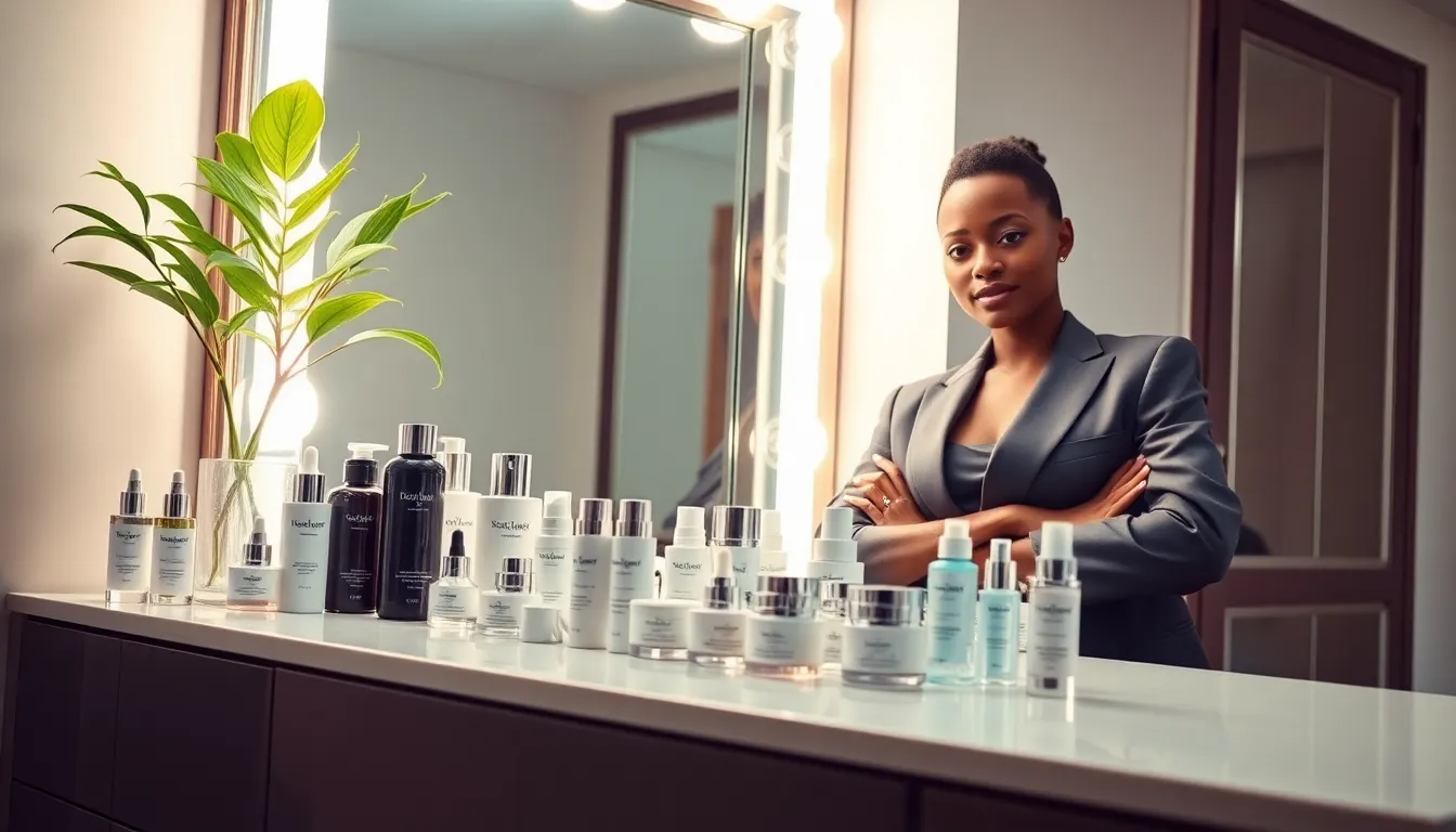 Person demonstrating luxury skincare routine at a modern vanity.
