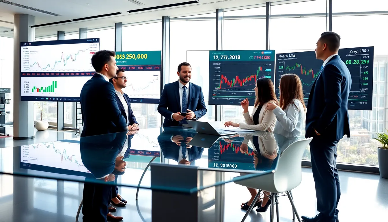 diverse finance team discussing stock market trading days.