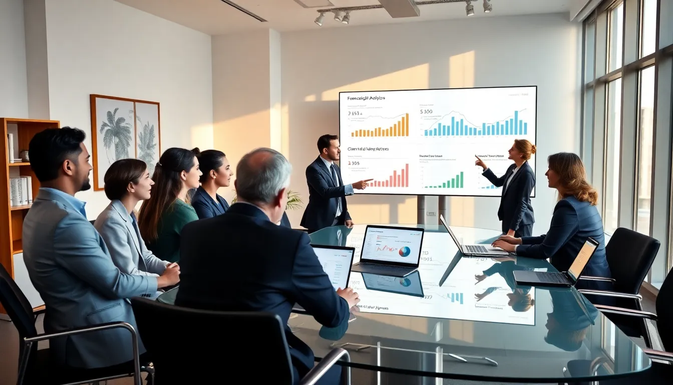 diverse financial advisors discussing digital tools in a modern office.