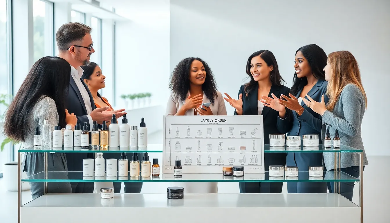 diverse team discussing skincare product application order.