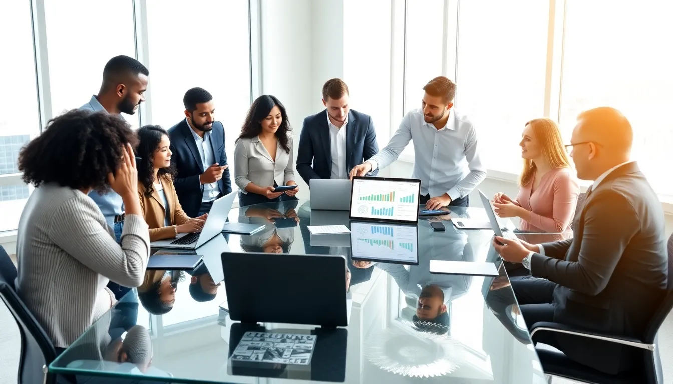 diverse team collaborating with digital tools in a modern office.